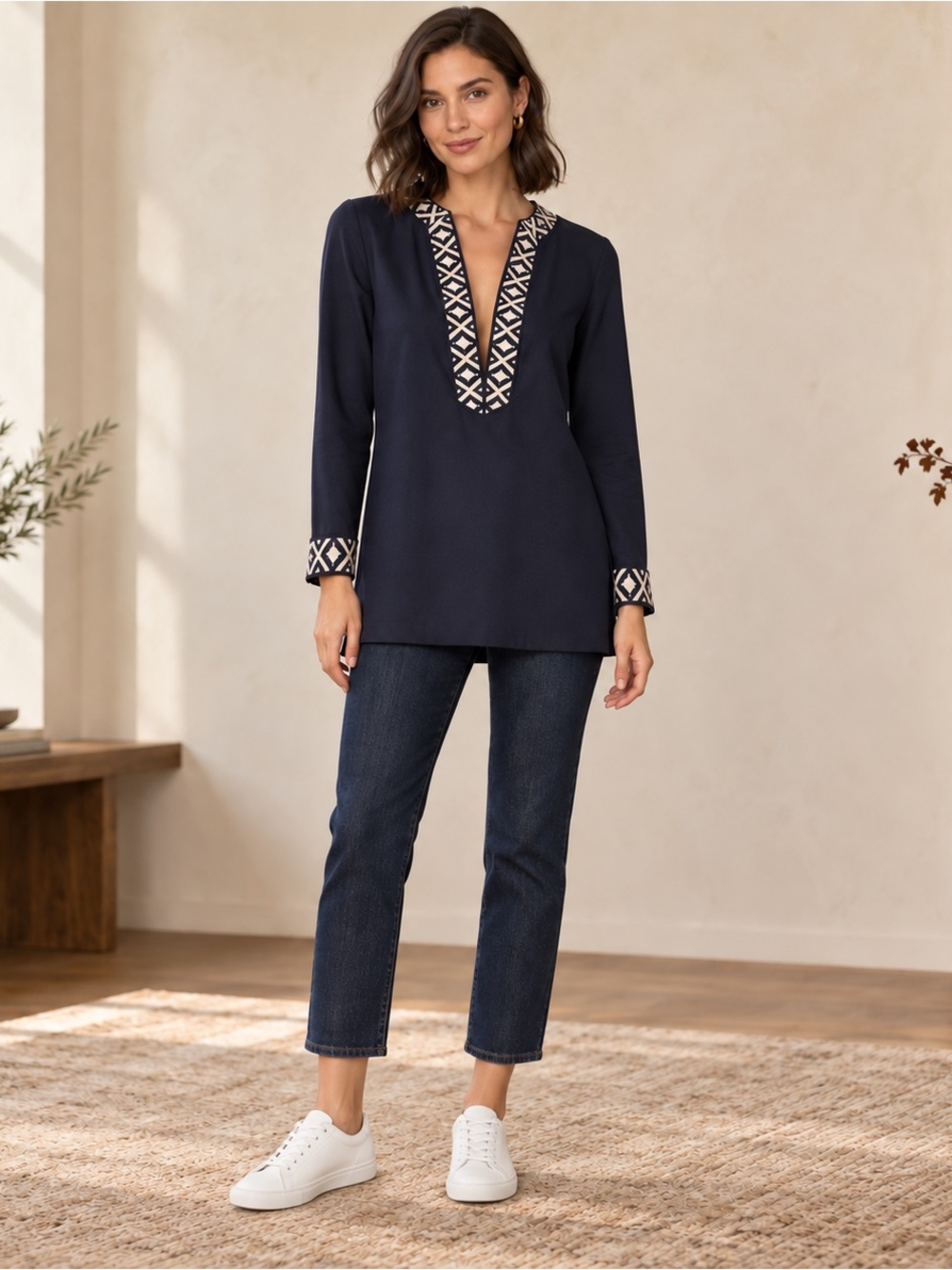 Tory Burch Navy Embroidered V-Neck Blouse